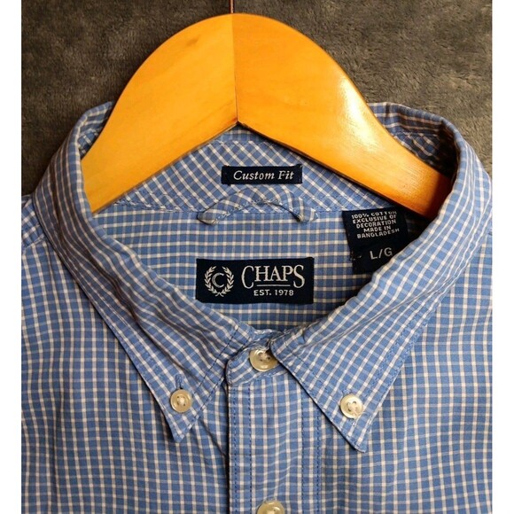 Mens Chaps Long Sleeve Button Down Shirt Large Blue White Check Pattern - Picture 2 of 5
